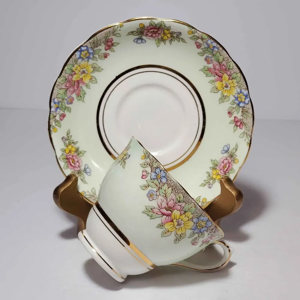 Colclough Teacup and Saucer Green Floral Vintage